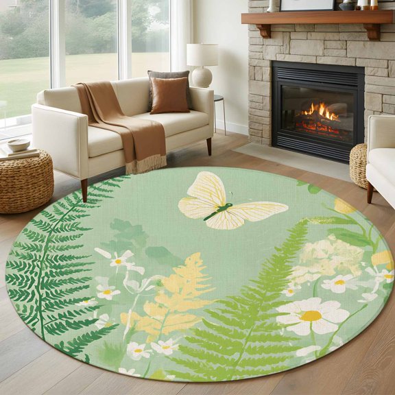Round Area Rug 5ft Flower Butterfly Leaf Circle Kitchen Mats Non-Slip Spring Plant Washable Round Carpet for Kitchen Living Room Bedroom Home Decor