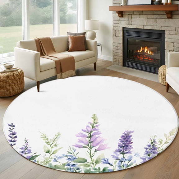 Round Area Rug 5ft Flowers Lavender Circle Kitchen Mats Non-Slip Spring Idyllic Washable Round Carpet for Kitchen Living Room Bedroom Home Decor