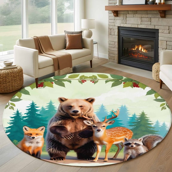 Round Area Rug 5ft, Forest Bear Deer Fox Squirrel Non-Slip Non-Shedding Floor Mat, Farmhouse Animal Plant Tree Washable Sturdy Carpet for Living Room Bedroom Home Decor