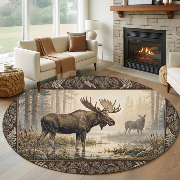 Round Area Rug 5ft, Forest Reindeer Berry Fern Non-Shedding Washable Area Rug, Retro Southwest Ethnic Non Slip Low-Profile Circle Rugs for Living Room, Bedroom Dining Room