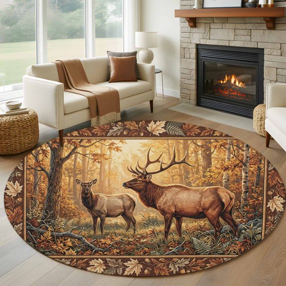 Round Area Rug 5ft, Forest Reindeer Orange Leaf Non-Shedding Washable Area Rug, Retro Southwest Ethnic Non Slip Low-Profile Circle Rugs for Living Room, Bedroom Dining Room