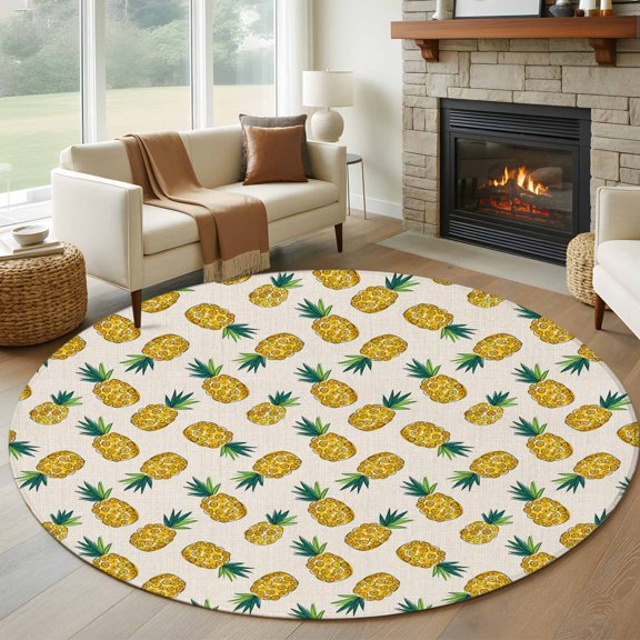 Round Area Rug 5ft Fruit Pineapple Pattern Area Rugs Washable Low Pile Floor Carpet for Bedroom, Retro Linen Background Non Slip Soft Rugs for Living Room Entryway Dining Room