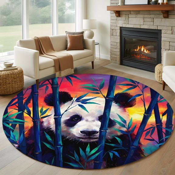 Round Area Rug 5ft, Funny Animal Giant Panda Non-Shedding Washable Area Rug, Green Plants Bamboos Non Slip Low-Profile Circle Rugs for Living Room, Bedroom Dining Room