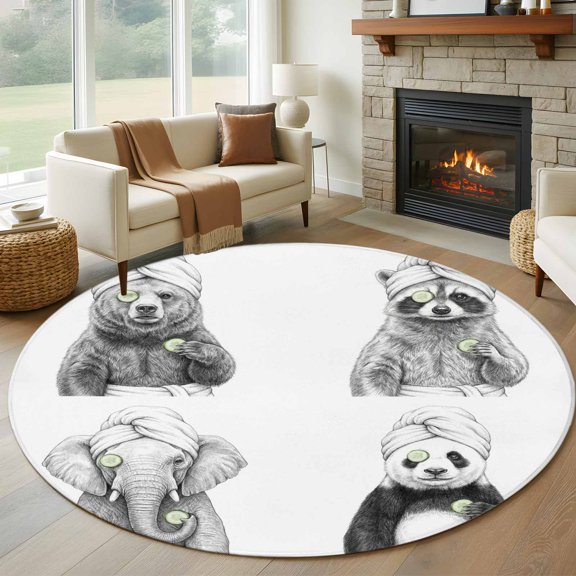 Round Area Rug 5ft, Funny Animal SPA Sketch Art Non-Slip Non-Shedding Floor Mat, Bear Panda Elephant Raccoon Washable Sturdy Carpet for Living Room Bedroom Home Decor