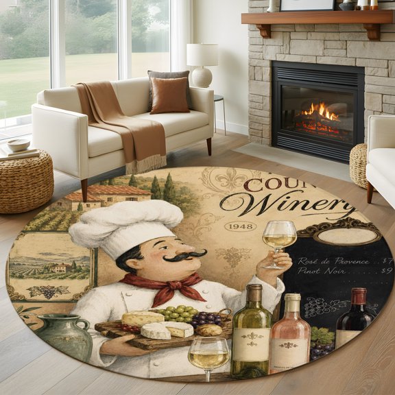 Round Area Rug 5ft Funny Chef Grape Wine Area Rugs Washable Low Pile Floor Carpet for Bedroom, Country Farmhouse Non Slip Soft Rugs for Living Room Entryway Dining Room