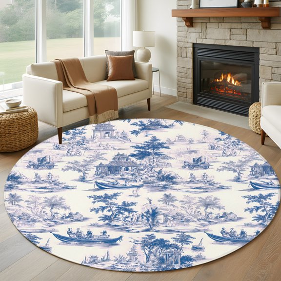 Round Area Rug 5ft Garden House Boat Chinese Style Area Rugs Washable Low Pile Floor Carpet for Bedroom, Chinoiserie Classic Style Non Slip Soft Rugs for Living Room Entryway Dining Room