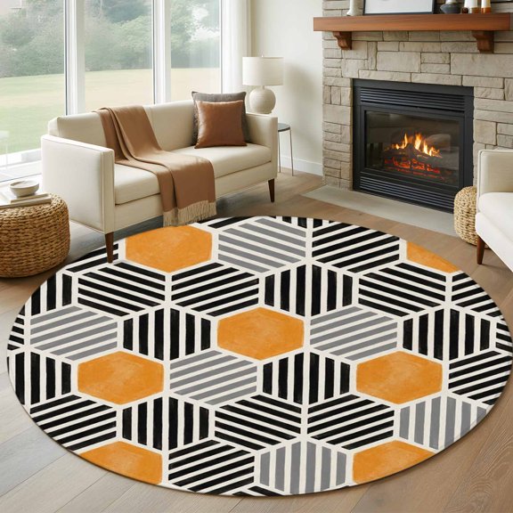 Round Area Rug 5ft Geometric Orange Black Hexagon Area Rugs Washable Low Pile Floor Carpet for Bedroom, Modern Abstract Stripe Art Non Slip Soft Rugs for Living Room Entryway Dining Room