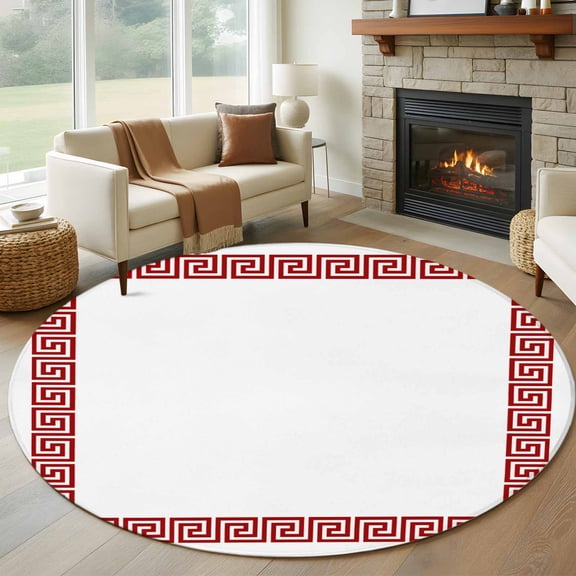 Round Area Rug 5ft Geometric Red Greek Key Design Circle Kitchen Mats Non-Slip White Washable Round Carpet for Kitchen Living Room Bedroom Home Decor
