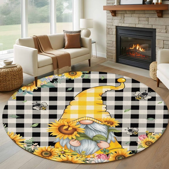Round Area Rug 5ft Gnome Sunflower Yellow Circle Kitchen Mats Non-Slip Floral Leaves Buffalo Plaid Washable Round Carpet for Kitchen Living Room Bedroom Home Decor