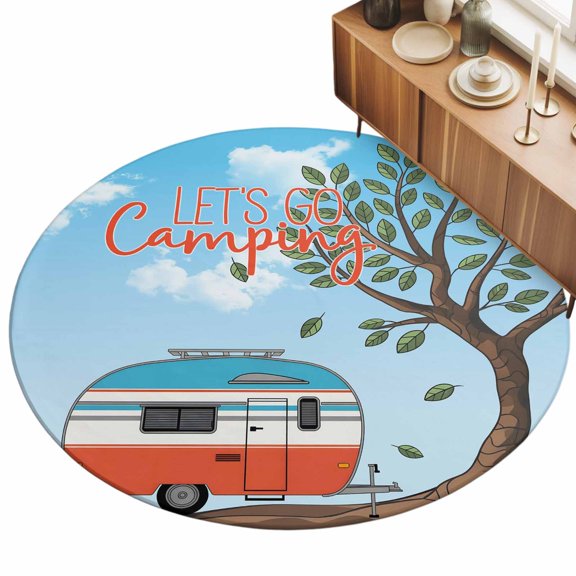 Round Area Rug 5ft Let's Go Camping Floor Carpets Indoor Floor Area Mat Stain-Proof Mat Circle Rugs for Living Room Dining Room Kitchen Bedroom, Camper Van Trees Blue Sky Sofa Throw Carpet