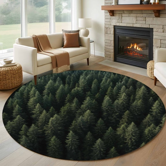 Round Area Rug 5ft Gradient Green Forest Tree Area Rugs Washable Low Pile Floor Carpet for Bedroom, Summer Forest Pine Tree Non Slip Soft Rugs for Living Room Entryway Dining Room