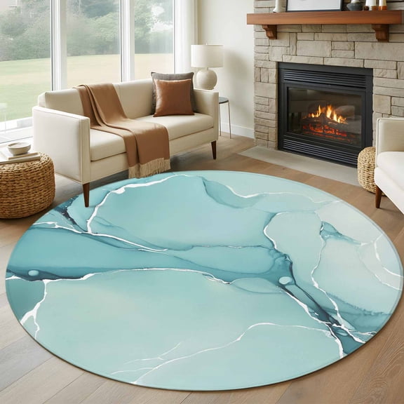 Round Area Rug 5ft Gradient Marble Agate Stone Area Rugs Washable Low Pile Floor Carpet for Bedroom, Aqua White Ombre Lines Non Slip Soft Rugs for Living Room Entryway Dining Room