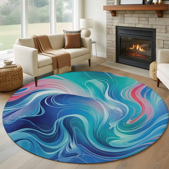 Round Area Rug 5ft Gradient Ocean Blue Pink Waves Area Rugs Washable Low Pile Floor Carpet for Bedroom, Modern Abstract Style Non Slip Soft Rugs for Living Room Entryway Dining Room