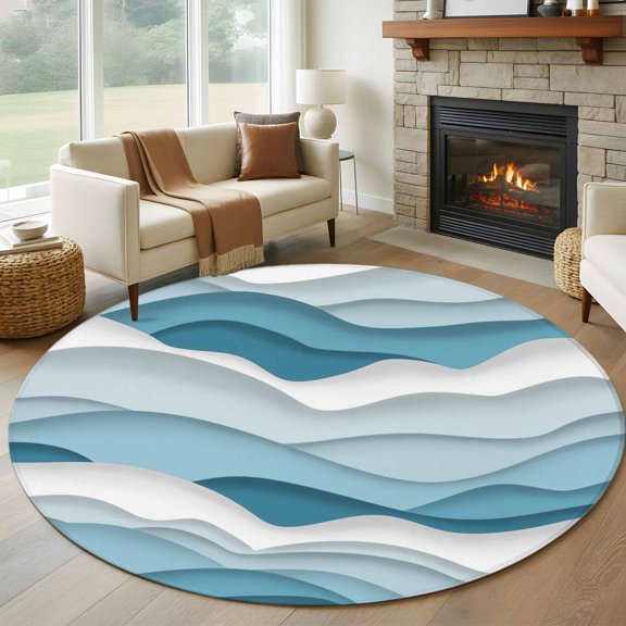 Round Area Rug 5ft Gradient Ocean Sea Waves Area Rugs Washable Low Pile Floor Carpet for Bedroom, Coastal Blue White Wave Non Slip Soft Rugs for Living Room Entryway Dining Room