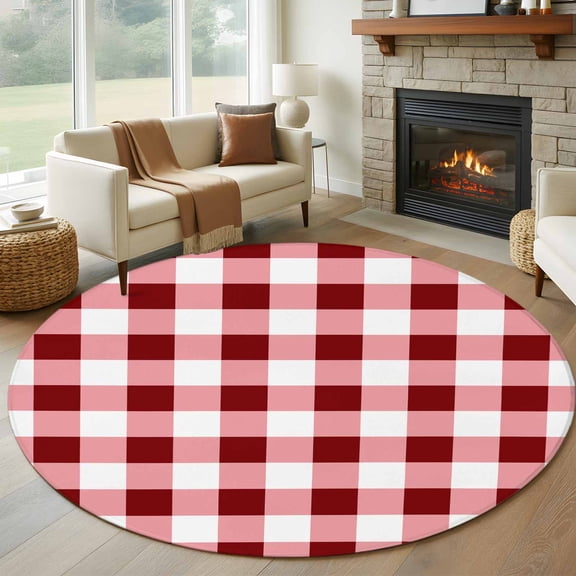 Round Area Rug 5ft Gradient Red White Plaid Lattice Area Rugs Washable Low Pile Floor Carpet for Bedroom, Modern Abstract Art Non Slip Soft Rugs for Living Room Entryway Dining Room