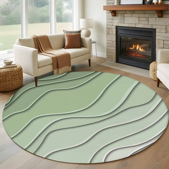 Round Area Rug 5ft Gradient Sage Green Ocean Wave Line Area Rugs Washable Low Pile Floor Carpet for Bedroom, Simple Striped Non Slip Soft Rugs for Living Room Entryway Dining Room