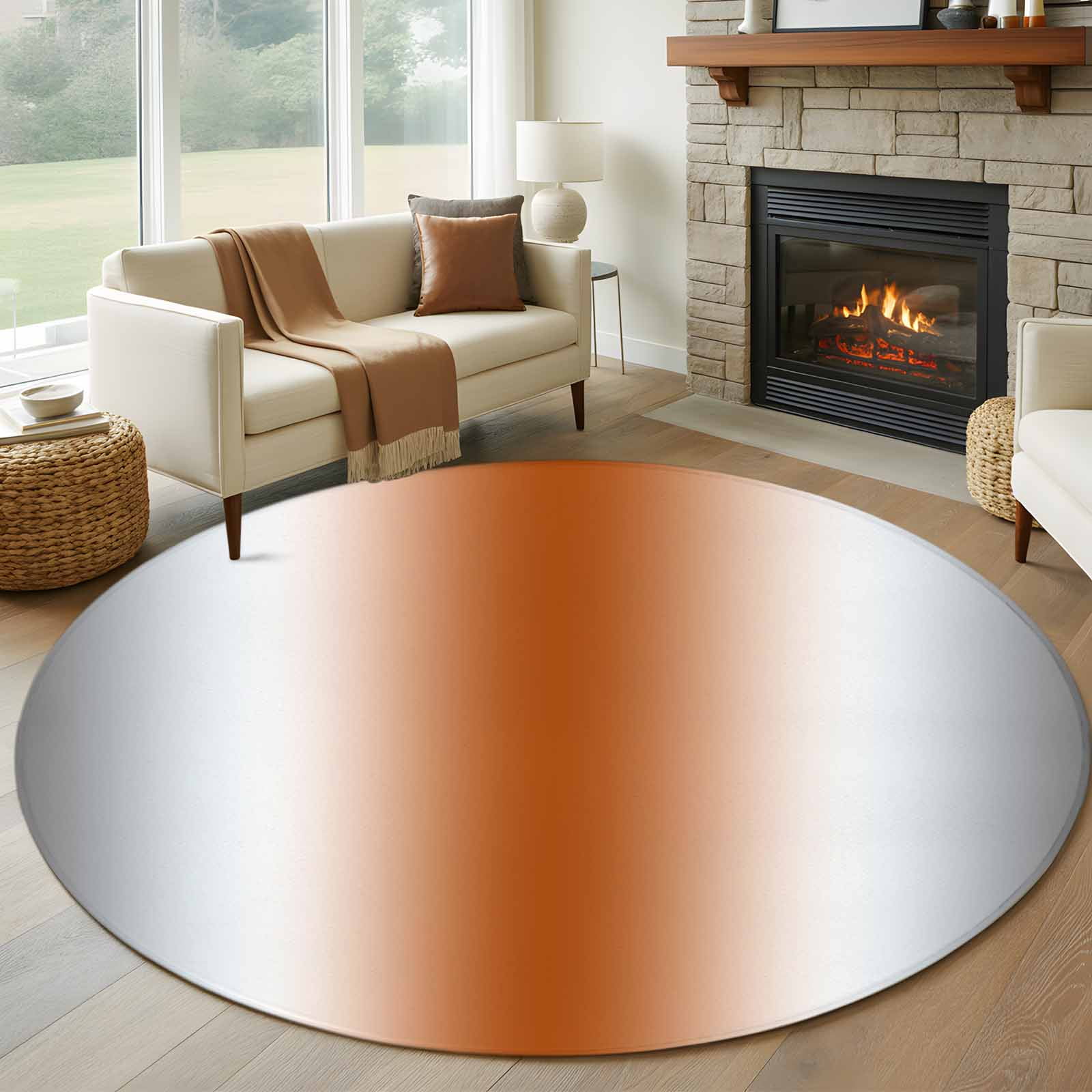 Round Area Rug 5ft, Gray Orange Non-slip Area Rugs for Living Room/Bedroom/Bathroom/Kitchen, Modern Gradient Geometric Washable Throw Floor Mat Indoor Outdoor Entrance Doormat