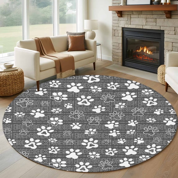 Round Area Rug 5ft, Gray White Dog Paw Cartoon Non-Shedding Washable Area Rug, Cute Paw Prints Seamless Non Slip Low-Profile Circle Rugs for Living Room, Bedroom Dining Room