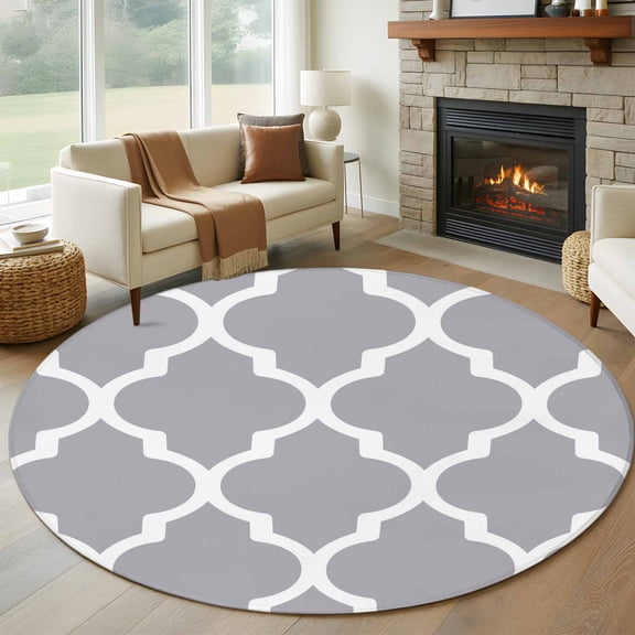 Round Area Rug 5ft Gray White Moroccan Pattern Area Rugs Washable Low Pile Floor Carpet for Bedroom, Modern Geometric Art Non Slip Soft Rugs for Living Room Entryway Dining Room