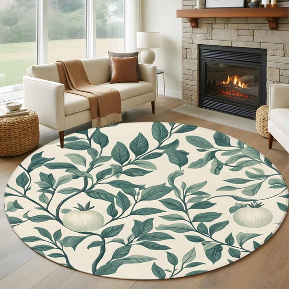 Round Area Rug 5ft Green Fruit Leaves Circle Kitchen Mats Non-Slip Leaf Plant Beige Washable Round Carpet for Kitchen Living Room Bedroom Home Decor