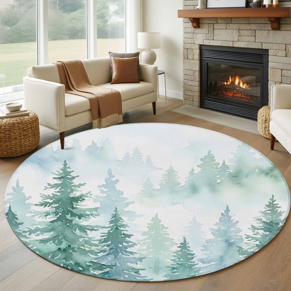 Round Area Rug 5ft Green Misty Pines Area Rugs Washable Low Pile Floor Carpet for Bedroom, Watercolor Country Plants Pattern Non Slip Soft Rugs for Living Room Entryway Dining Room