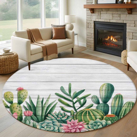 Round Area Rug 5ft Green Pink Tropical Cactus Area Rugs Washable Low Pile Floor Carpet for Bedroom, Forest Plant Wood Board Non Slip Soft Rugs for Living Room Entryway Dining Room