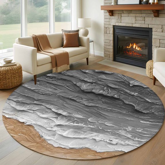 Round Area Rug 5ft Grey Gradient Coastal Ocean Waves Area Rugs Washable Low Pile Floor Carpet for Bedroom, Abstract Oil Painting Style Non Slip Soft Rugs for Living Room Entryway Dining Room