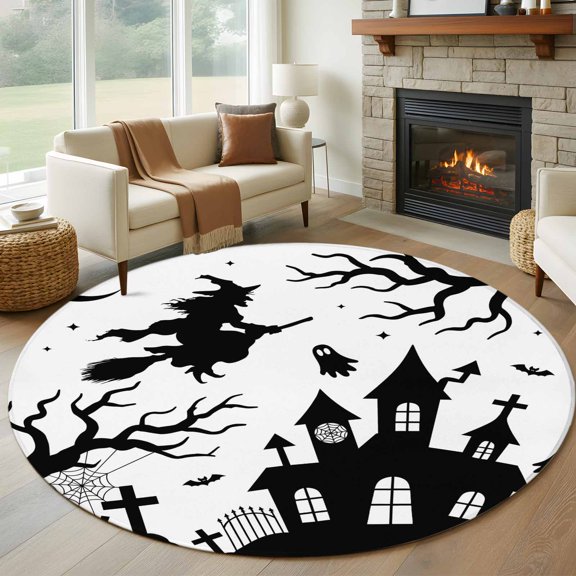 Round Area Rug 5ft Halloween Haunted Castle Witch Ghost Area Rugs Washable Low Pile Floor Carpet for Bedroom, White Black Theme Non Slip Soft Rugs for Living Room Entryway Dining Room