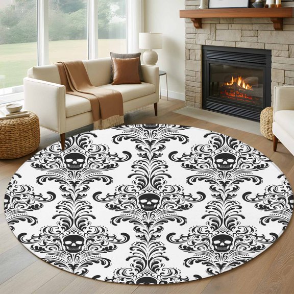 Round Area Rug 5ft Halloween Horror Skeleton Skull Flower Seamless Area Rugs Washable Low Pile Floor Carpet for Bedroom, Black and White Graffiti Non Slip Soft Rugs for Living Room Dining Room