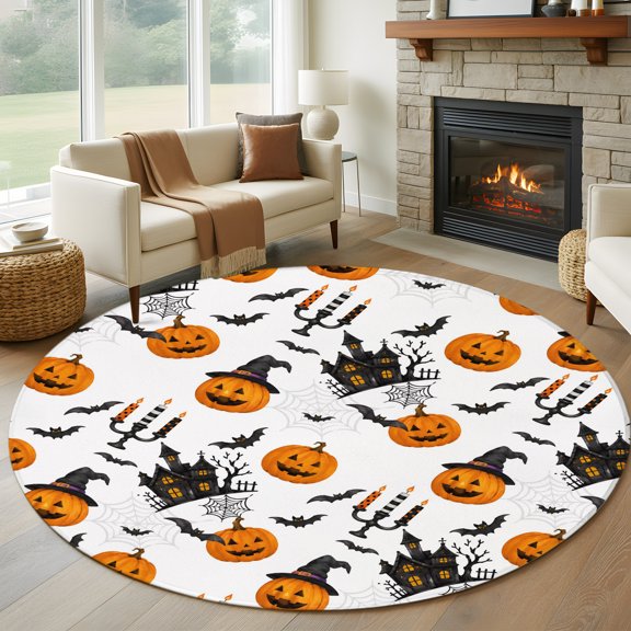Round Area Rug 5ft Halloween Pumpkin Haunted Castle Area Rugs Washable Low Pile Floor Carpet for Bedroom, Spooky Bat Seamless Non Slip Soft Rugs for Living Room Entryway Dining Room