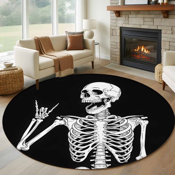 Round Area Rug 5ft Halloween Retro Skull Skeleton Area Rugs Washable Low Pile Floor Carpet for Bedroom, Abstract Bone White Black Non Slip Soft Rugs for Living Room Entryway Dining Room