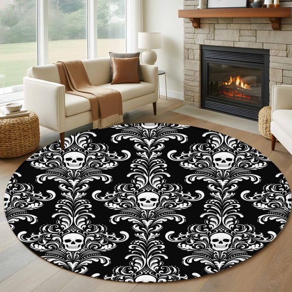 Round Area Rug 5ft Halloween Scary Skull Skeleton Damask Flower Area Rugs Washable Low Pile Floor Carpet for Bedroom, Black White Brocade Non Slip Soft Rugs for Living Room Entryway Dining Room