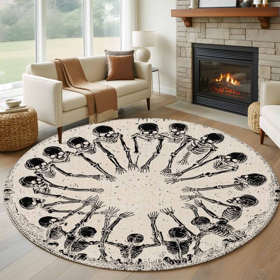 Round Area Rug 5ft Halloween Seamless Skull Skeleton Area Rugs Washable Low Pile Floor Carpet for Bedroom, Scary Human Bone on Burlap Non Slip Soft Rugs for Living Room Entryway Dining Room
