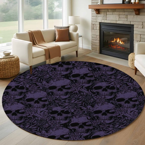 Round Area Rug 5ft Halloween Skull Flower Purple Black Area Rugs Washable Low Pile Floor Carpet for Bedroom, Skeleton Plant Sketch Non Slip Soft Rugs for Living Room Entryway Dining Room