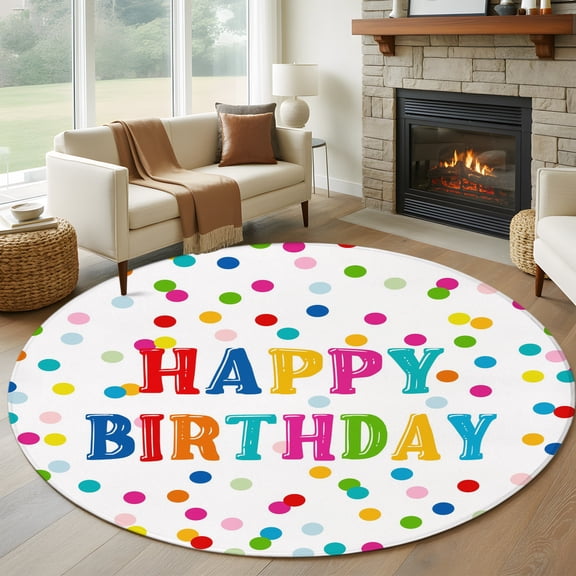 Round Area Rug 5ft Happy Birthday Rainbow Theme Area Rugs Washable Low Pile Floor Carpet for Bedroom, Colorful Polka Dot Non Slip Soft Rugs for Living Room Entryway Dining Room