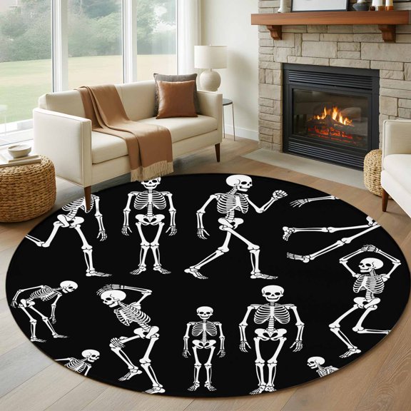 Round Area Rug 5ft Happy Halloween Funny Skeleton Skull Area Rugs Washable Low Pile Floor Carpet for Bedroom, Yoga Sports Black Non Slip Soft Rugs for Living Room Entryway Dining Room