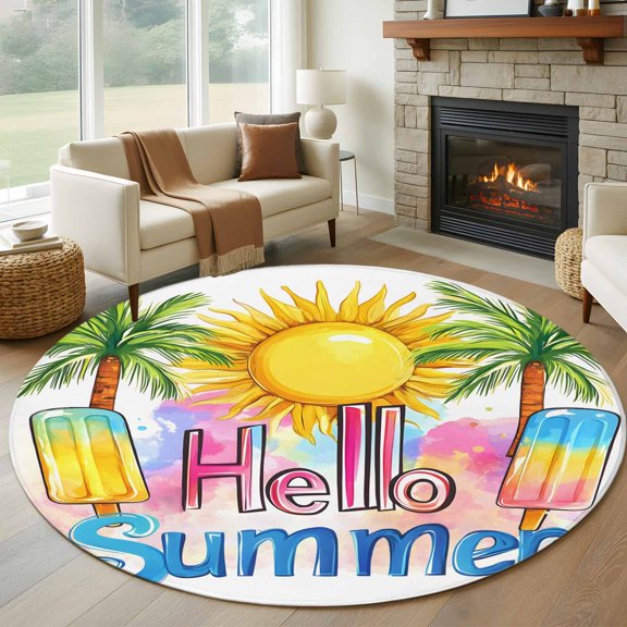 Round Area Rug 5ft Hello Summer Text Sun Palm Tree Area Rugs Washable Low Pile Floor Carpet for Bedroom, Colorful Ocean Seaside Theme Non Slip Soft Rugs for Living Room Entryway Dining Room