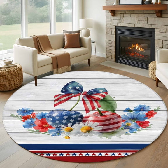 Round Area Rug 5ft, Independence Day Cherry Non-Slip Non-Shedding Floor Mat, Washable Sturdy Carpet for Living Room Bedroom Home Decor
