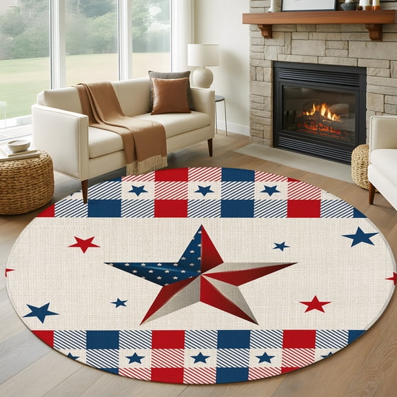 Round Area Rug 5ft, Independence Day Flag Star on Cotton Non-Shedding Washable Area Rug, Buffalo Plaid Border Non Slip Low-Profile Circle Rugs for Living Room, Bedroom Dining Room