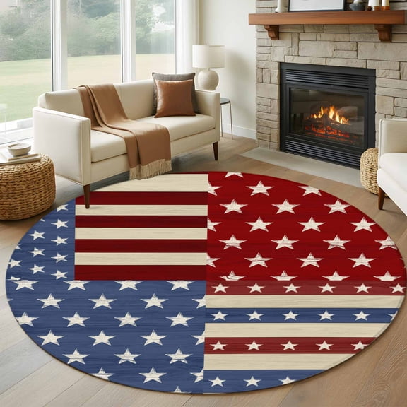 Round Area Rug 5ft Independence Day Patriotic USA Flag Area Rugs Washable Low Pile Floor Carpet for Bedroom, Blue Red Stars Stripes Non Slip Soft Rugs for Living Room Entryway Dining Room