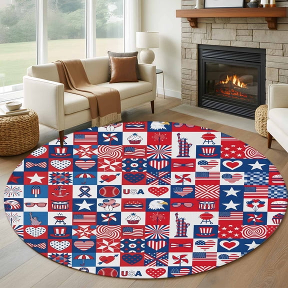 Round Area Rug 5ft Independence Day USA Flag Area Rugs Washable Low Pile Floor Carpet for Bedroom, Abstract Geometric July 4th Non Slip Soft Rugs for Living Room Entryway Dining Room