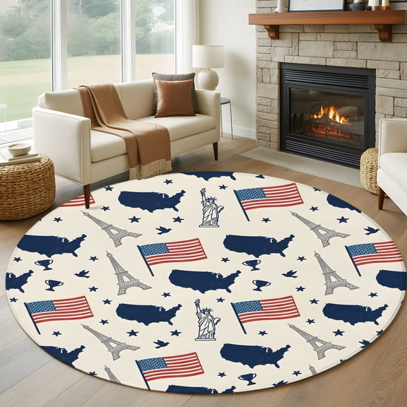 Round Area Rug 5ft Independence Day USA Flag Area Rugs Washable Low Pile Floor Carpet for Bedroom, Anniversary Abstract Non Slip Soft Rugs for Living Room Entryway Dining Room