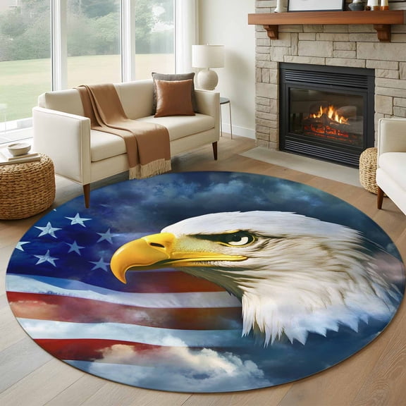 Round Area Rug 5ft Independence Day USA Flag Area Rugs Washable Low Pile Floor Carpet for Bedroom, Eagle Anniversary Non Slip Soft Rugs for Living Room Entryway Dining Room