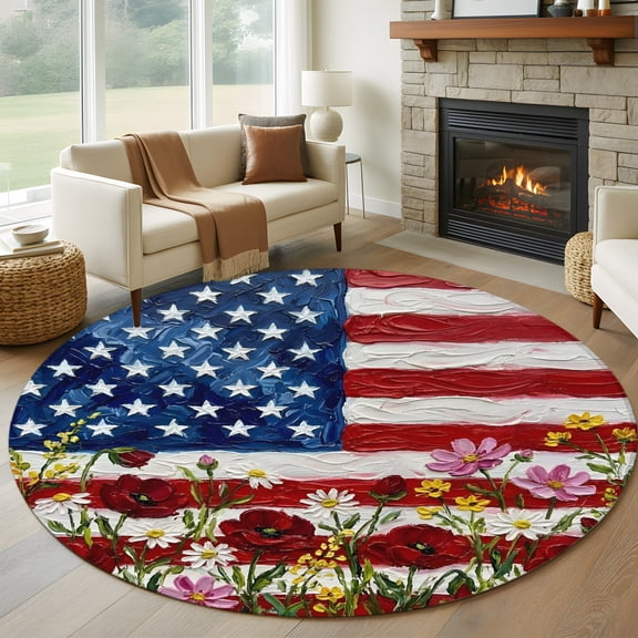 Round Area Rug 5ft Independence Day USA Flag Area Rugs Washable Low Pile Floor Carpet for Bedroom, Patriotic Flower Star Stripe Non Slip Soft Rugs for Living Room Entryway Dining Room