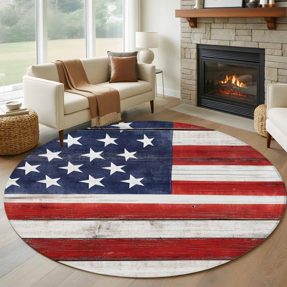 Round Area Rug 5ft Independence Day USA Flag Area Rugs Washable Low Pile Floor Carpet for Bedroom, Patriotic Stripes and Stars Non Slip Soft Rugs for Living Room Entryway Dining Room