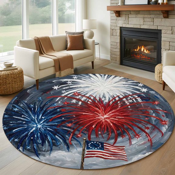 Round Area Rug 5ft Independence Day USA Flag Area Rugs Washable Low Pile Floor Carpet for Bedroom, Red Blue White Fireworks Non Slip Soft Rugs for Living Room Entryway Dining Room