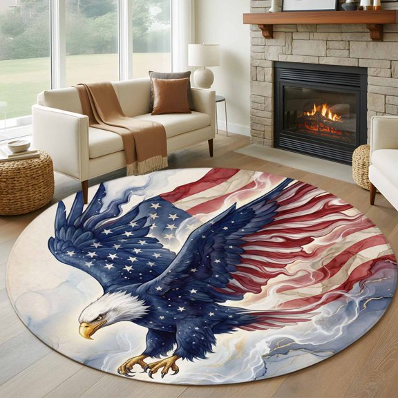 Round Area Rug 5ft Independence Day USA Flag Eagle Area Rugs Washable Low Pile Floor Carpet for Bedroom, American Flag Non Slip Soft Rugs for Living Room Entryway Dining Room