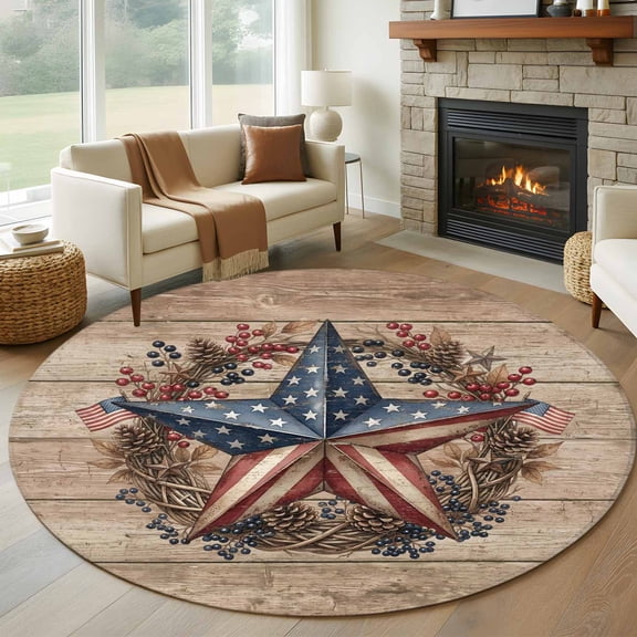 Round Area Rug 5ft Independence Day USA Flag Star Area Rugs Washable Low Pile Floor Carpet for Bedroom, Farm Wood Background Non Slip Soft Rugs for Living Room Entryway Dining Room