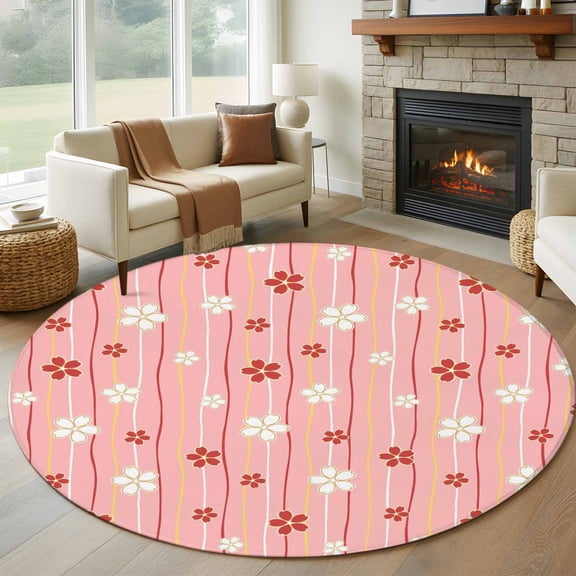 Round Area Rug 5ft Japanese Cherry Blossoms Area Rugs Washable Low Pile Floor Carpet for Bedroom, Pastel Pink White Striped Non Slip Soft Rugs for Living Room Entryway Dining Room