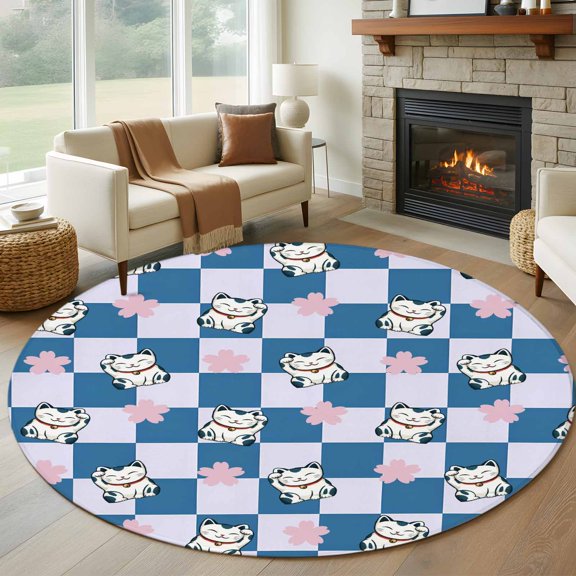 Round Area Rug 5ft Japanese Cute Kitty Area Rugs Washable Low Pile Floor Carpet for Bedroom, Lucky Cat on Blue Plaid Non Slip Soft Rugs for Living Room Entryway Dining Room